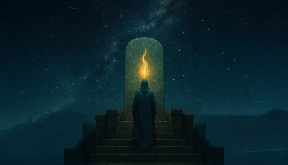 A mystical digital painting of a hooded figure beneath a cosmic sky, standing at the top of ancient stone steps gazing toward a glowing golden tablet, symbolizing the soul’s journey and the wisdom of the Emerald Tablets.