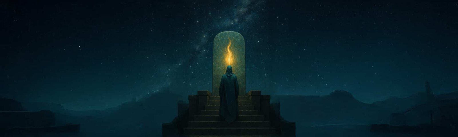 Awakening the Traveler: How the Emerald Tablets Transform Astral Journeys A mystical digital painting of a hooded figure beneath a cosmic sky, standing at the top of ancient stone steps gazing toward a glowing golden tablet, symbolizing the soul’s journey and the wisdom of the Emerald Tablets.