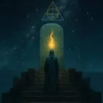 A mystical digital painting of a hooded figure beneath a cosmic sky, standing at the top of ancient stone steps gazing toward a glowing golden tablet, symbolizing the soul’s journey and the wisdom of the Emerald Tablets.