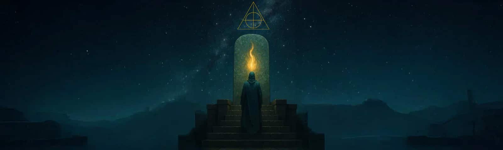 Astral Projection into the Emerald Tablets A mystical digital painting of a hooded figure beneath a cosmic sky, standing at the top of ancient stone steps gazing toward a glowing golden tablet, symbolizing the soul’s journey and the wisdom of the Emerald Tablets.