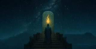 A mystical digital painting of a hooded figure beneath a cosmic sky, standing at the top of ancient stone steps gazing toward a glowing golden tablet, symbolizing the soul’s journey and the wisdom of the Emerald Tablets.